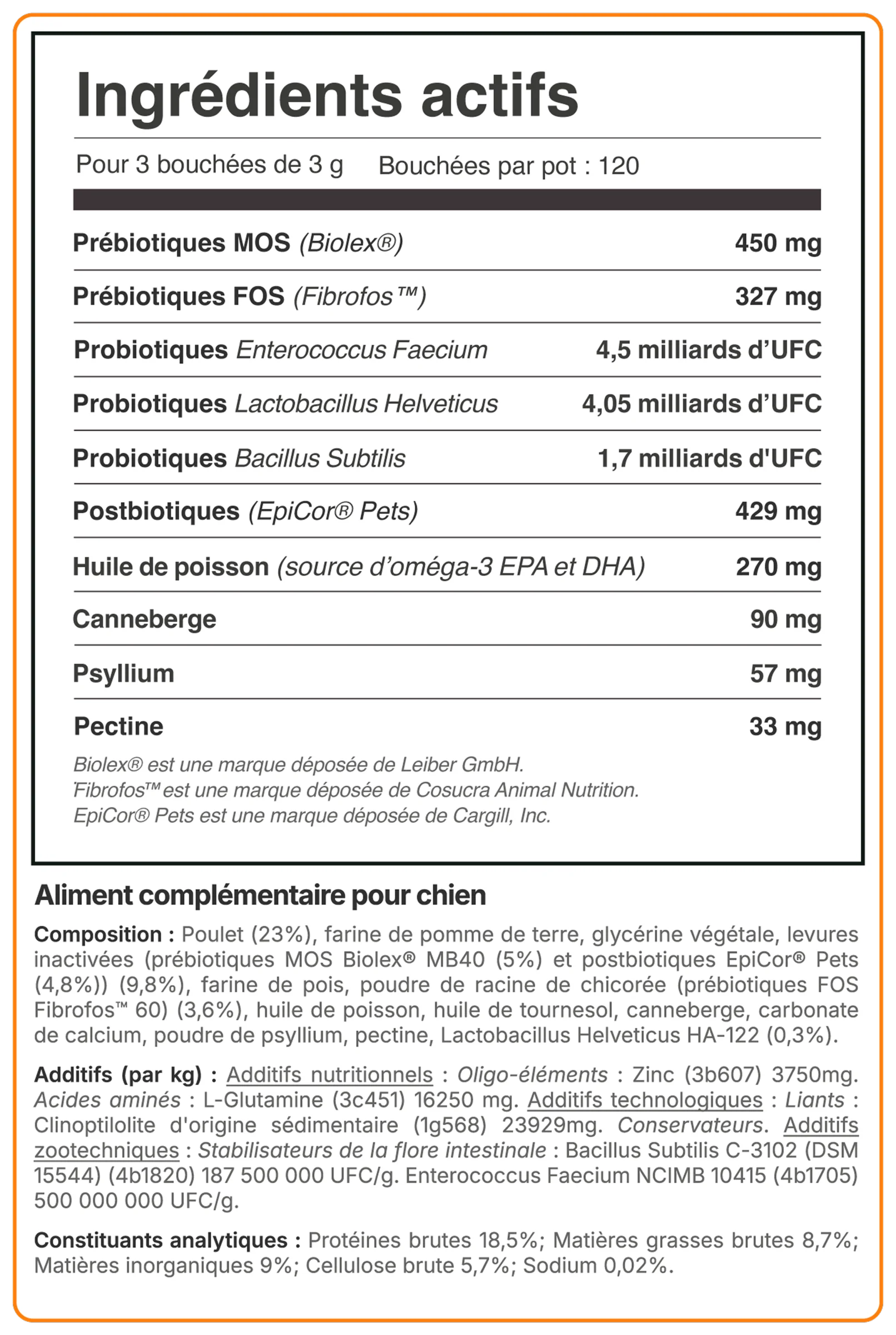 Liste complète des ingrédients du Complément Probiotiques Balto pour chiens